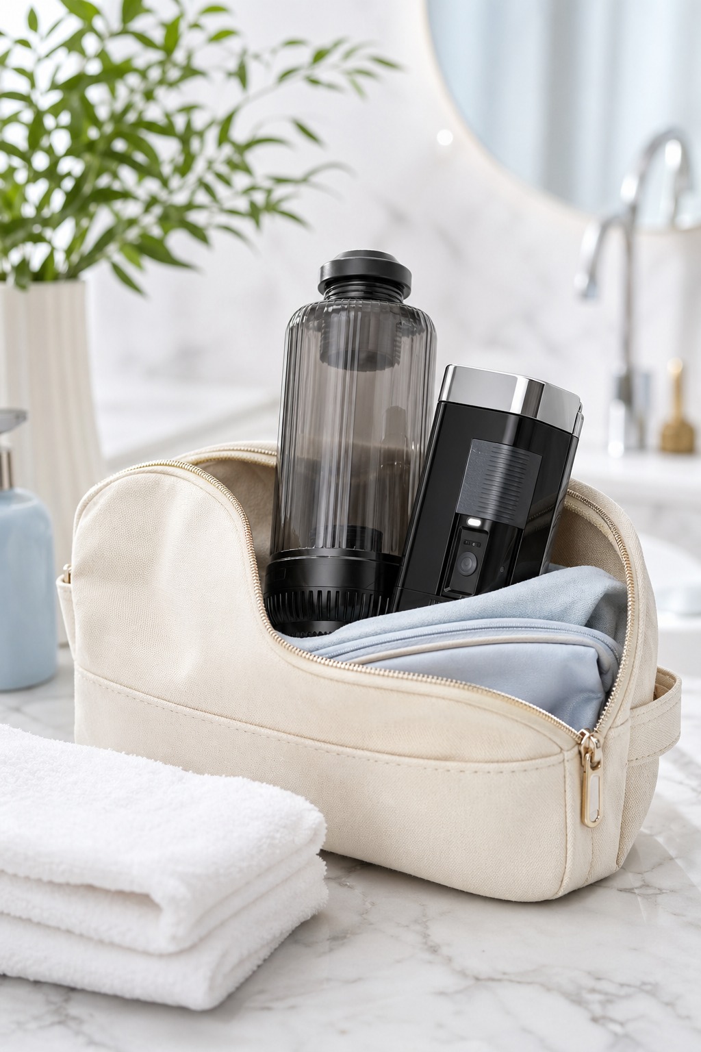 CubeJet portable bidet packed in a premium toiletry travel bag